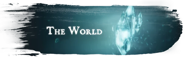 Riddledale: Glowing crystal shards with "The World" text in white on a dark blue background.
