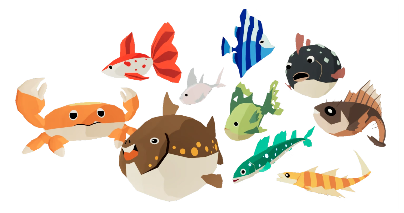 Rift Fishing: Colorful, low-poly aquatic creatures including fish, a crab, and a pufferfish.