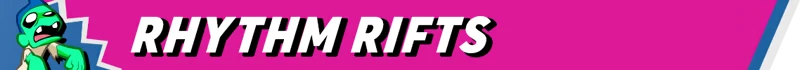 Rhythm Rifts – Rift of the NecroDancer Rift of the NecroDancer: Pink banner with "RHYTHM RIFTS" in bold white text, green character.