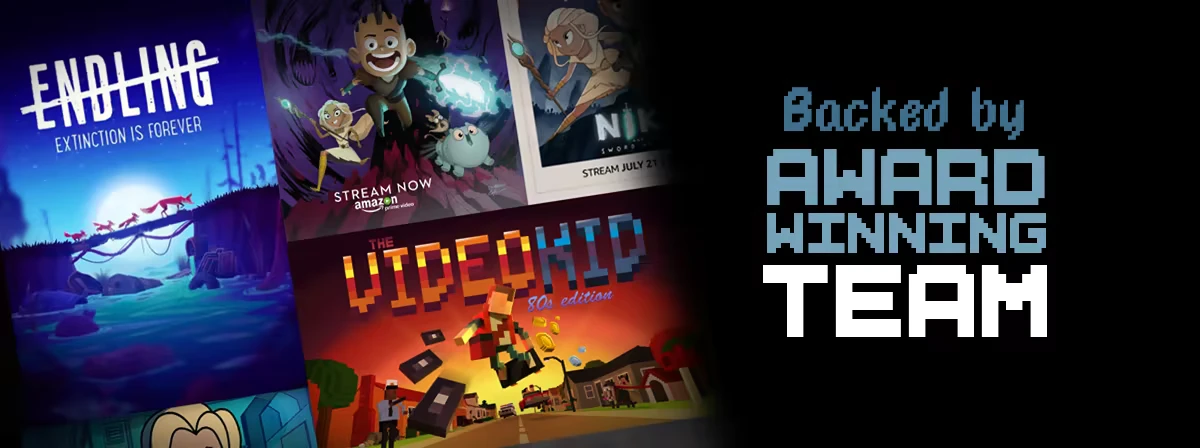 Award Winning Team – Rise of the Gorecats Rise of the Gorecats: Pixel text “Backed by award winning team” over game posters.