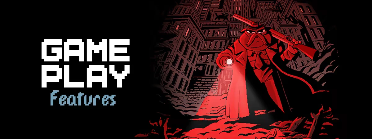Gameplay Menu – Rise of the Gorecats Rise of the Gorecats: Menu with GAME PLAY features text, red trenchcoat figure in cityscape.
