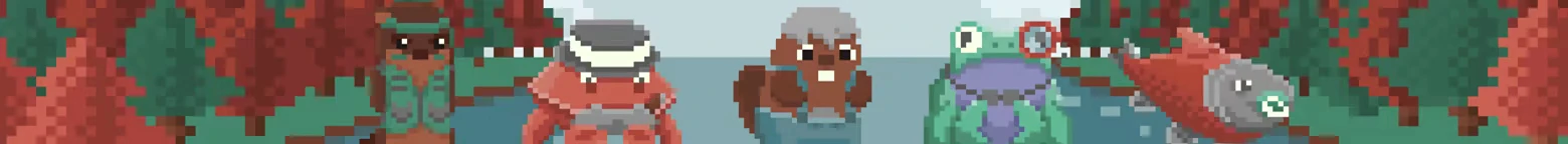 River Runners: Pixel animals in river—frog, fish, otter, and crab in a forest scene.