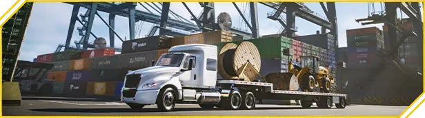 Road Kings: White semi hauling cable spool and yellow loader past stacked containers.