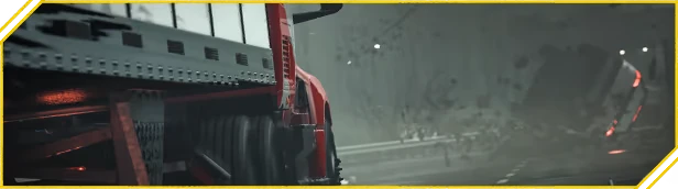 Road Kings: Close-up of red semi-truck wheels on wet road, crash ahead in fog.