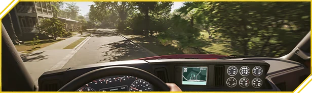 Road Kings: Truck cab view with steering wheel, GPS map screen, and gauges on road.