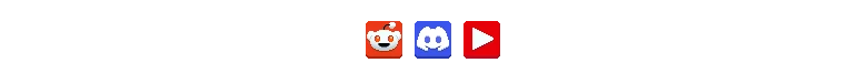 Roam: Three square icons on black: Reddit face, Discord logo, red play button.
