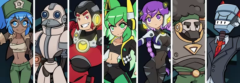 Robo Dome: Six colorful characters, including robots and humans, stand side by side in vertical panels.