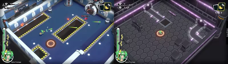 Robo Dome: Split screen shows blue arena with combat and hexagonal room with purple lights.