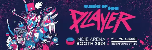 Robots at Midnight: Vibrant collage of robots with bold text "Queens of Indie Player" in pink.