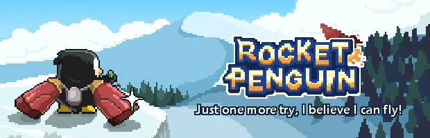 Rocket Penguin: Pixel penguin with red rocket arms; title text and “Just one more try...”.