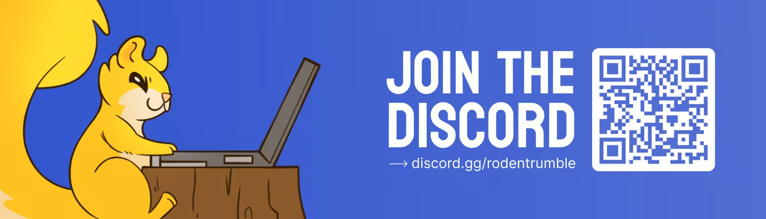 Rodent Rumble: Yellow squirrel at laptop; text “JOIN THE DISCORD” with QR code.