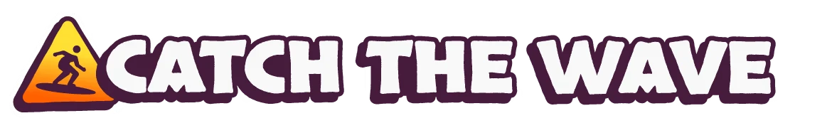 Rogue Waves: “CATCH THE WAVE” in bold white letters with purple outline, surf icon.