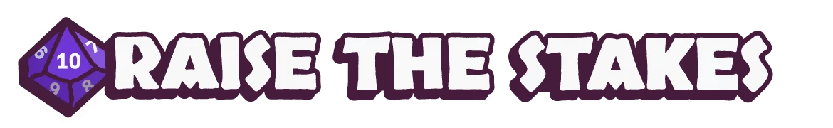 Rogue Waves: Purple 20-sided die icon beside bold white text “RAISE THE STAKES”.