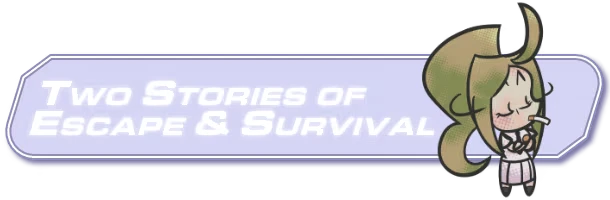 Roman Sands RE: Text "Two Stories of Escape & Survival" with a cartoon character smoking.