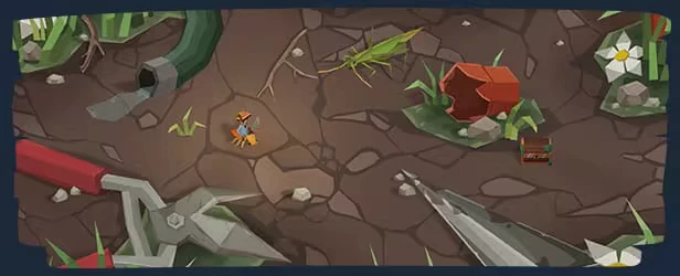 Roots of Fury: Scientist in armor near giant scissors, grasshopper, red rock, and white flower.