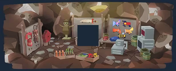 Roots of Fury: Underground lab with tools, weapons, and a robot in a rocky cave setting.