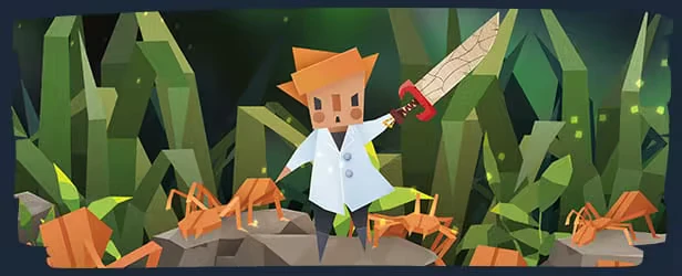 Roots of Fury: Scientist with spiky hair holds a large sword, surrounded by orange ants.