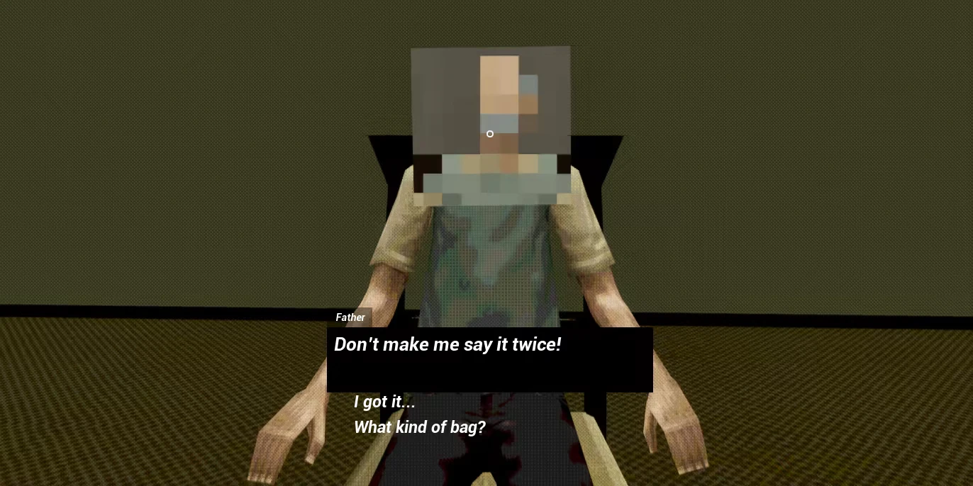 Rosepine hotel: Pixelated figure in chair, dialogue box reads "Don't make me say it twice!"