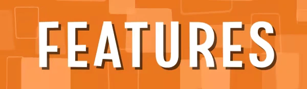 Rowdy Rascals: Bold white "FEATURES" text on an orange background with geometric patterns.