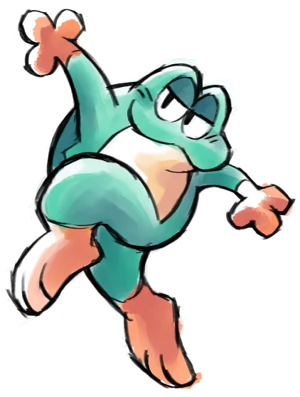 Frog Character Art – RUBATO RUBATO: Teal cartoon frog with orange hands and feet, mid-leap with arms raised.