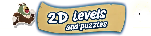 Ruffy and the Riverside: Cartoon character runs beside a sign reading "2D Levels and puzzles."
