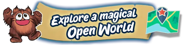 Ruffy and the Riverside: A furry creature and map icon beside "Explore a magical Open World" text.