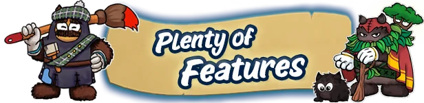 Ruffy and the Riverside: Two cartoon characters flank a "Plenty of Features" banner.
