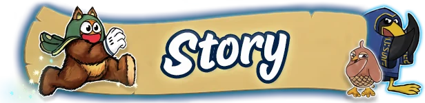 Ruffy and the Riverside: Cartoon bear in a green cape runs past "Story" text with two birds nearby.