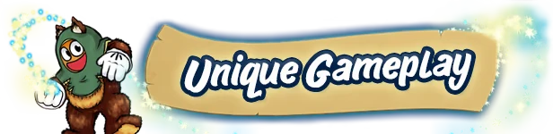 Ruffy and the Riverside: Cartoon creature with magic, next to "Unique Gameplay" on a scroll.