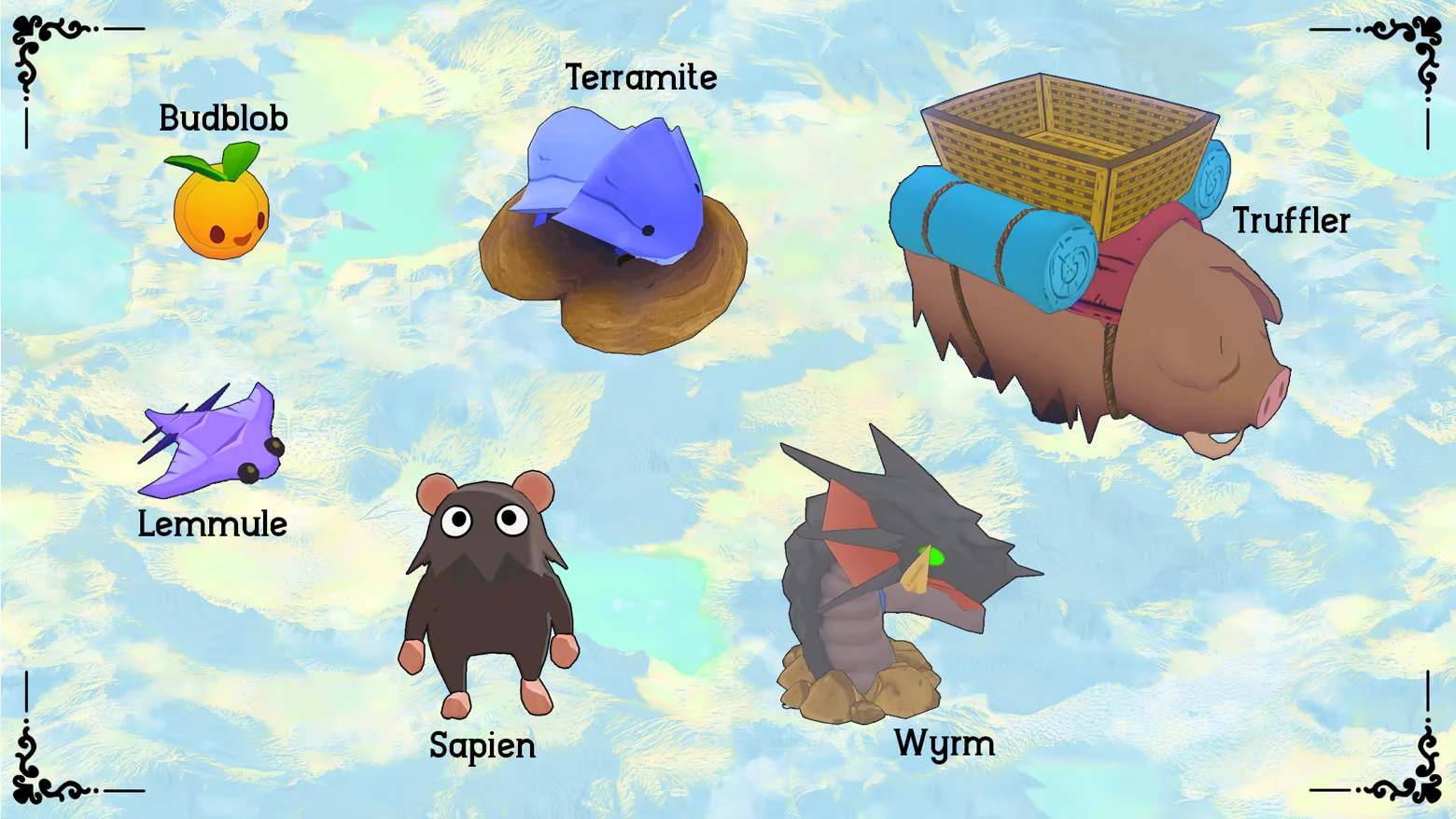 Ruin and Rebirth: Six creatures labeled Budblob, Terramite, Truffler, Lemmule, Sapien, and Wyrm.