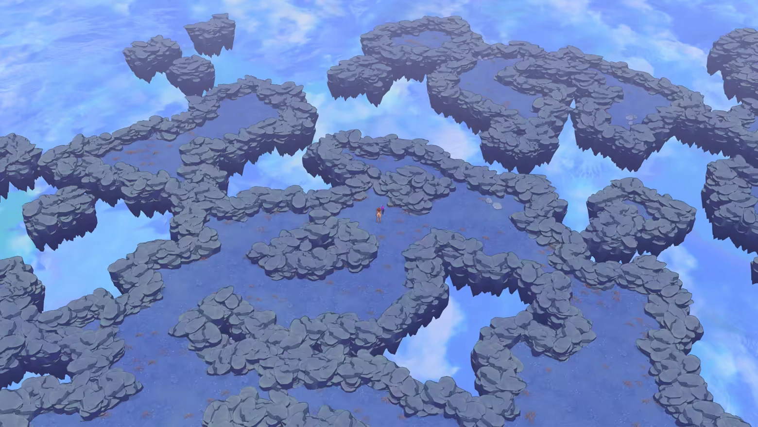 Ruin and Rebirth: A lone figure stands on floating rocky platforms above a reflective blue sky.