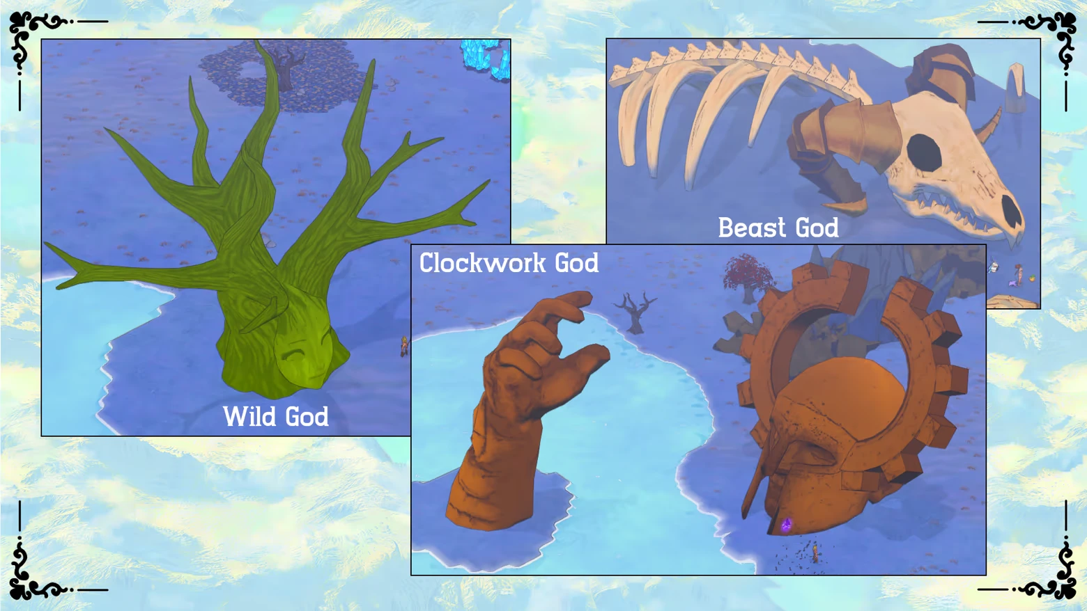 Ruin and Rebirth: Three gods depicted: Wild God as a tree, Beast God as a skull, Clockwork God as gears.