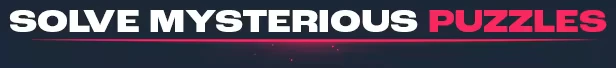 Rumbral: Bold text reads "SOLVE MYSTERIOUS PUZZLES" with a pink underline on a dark background.