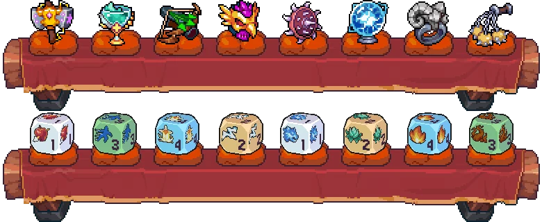 Rune Dice: Colorful relics and dice with elemental symbols on a red cloth background.