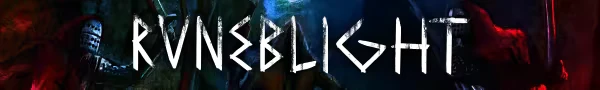Runeblight: White, jagged text on a dark background with armored figure and red light accents.