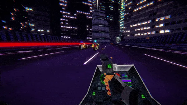 RUNNER: First-person view of a motorcycle racing in a neon-lit city, with a digital display showing "15".