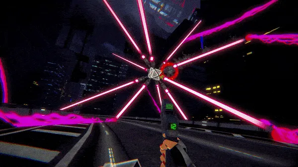 RUNNER: A hand aims a gun at a drone emitting pink laser beams on a futuristic highway.