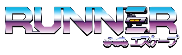 Logo Title – RUNNER RUNNER: Gradient text logo with a motorcycle icon and Japanese characters below.