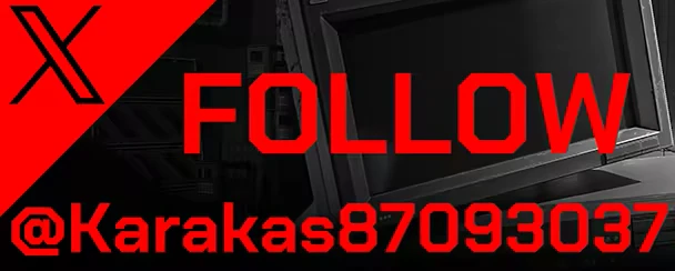 RX10-40: Red text "FOLLOW @Karakas87093037" on a dark background with a red "X" symbol.