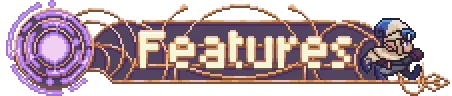 Features Banner – Ryze Ryze: Pixel art banner reading “Features” with purple portal icon and character sprite.