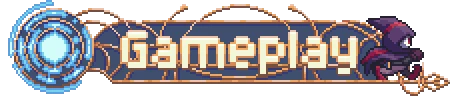 Gameplay Banner – Ryze Ryze: Pixel art “Gameplay” banner with blue portal on left and purple creature on right.