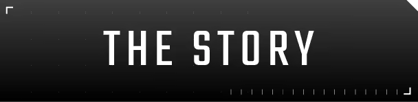 Satan is an Astronaut: Bold white text "THE STORY" on a black background with dotted lines.