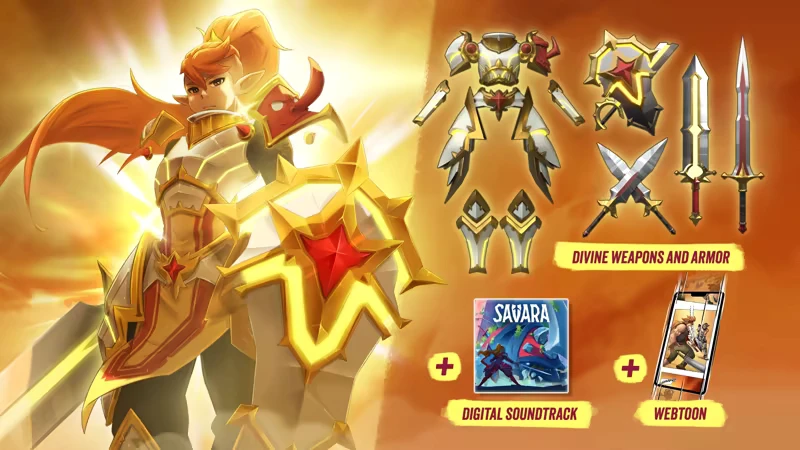 Savara: Warrior in golden armor with red accents, divine weapons, soundtrack, and webtoon promo.