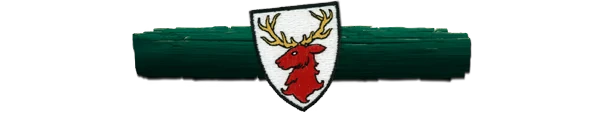 Scarlet Deer Inn: Embroidered red deer head with antlers on a white shield over a green log.