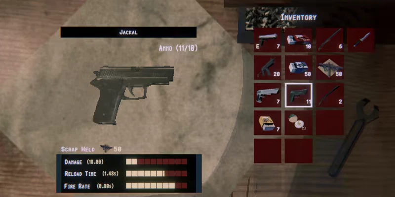 Pistol Inventory – Scarlet Lake Scarlet Lake: Inventory screen showing Jackal pistol, ammo 11/18, and weapon grid icons.