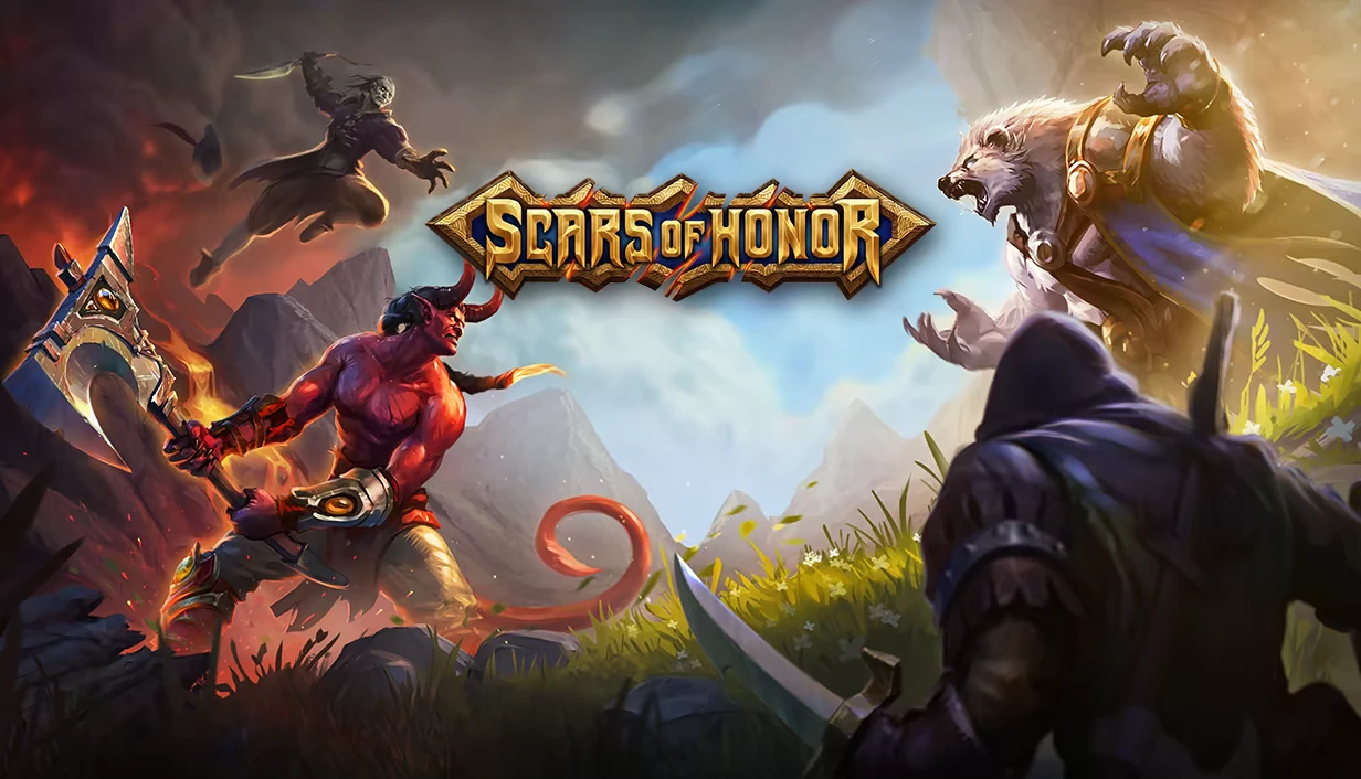 Scars of Honor: Gold logo over battle scene with demon, wolf warrior, and rogue silhouette.
