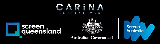 Schrodinger's Cat Burglar: Logos of Carina Initiatives, Screen Queensland, Australian Government, Screen Australia on black background.