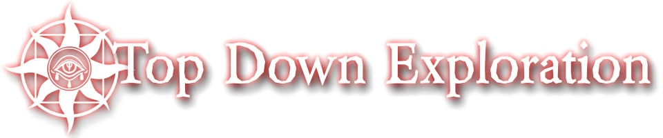 Scorched Sun: White “Top Down Exploration” text with red glow and eye emblem on black.