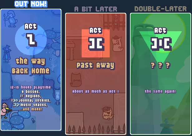 Act Selection – Scrabdackle Scrabdackle: Three acts displayed with whimsical art and playful text, each in a different color.