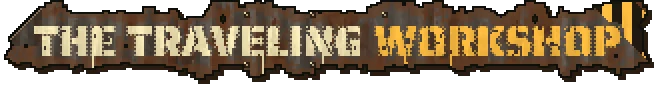 Traveling Workshop Logo – Scrapworks Inc. Scrapworks Inc.: Pixel-art banner reading “THE TRAVELING WORKSHOP” in white and yellow text.